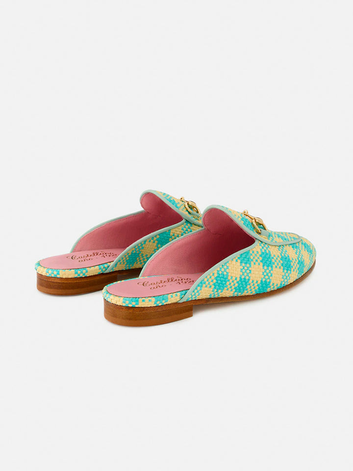 Molinetto women's raffia and leather mules with stirrup decoration