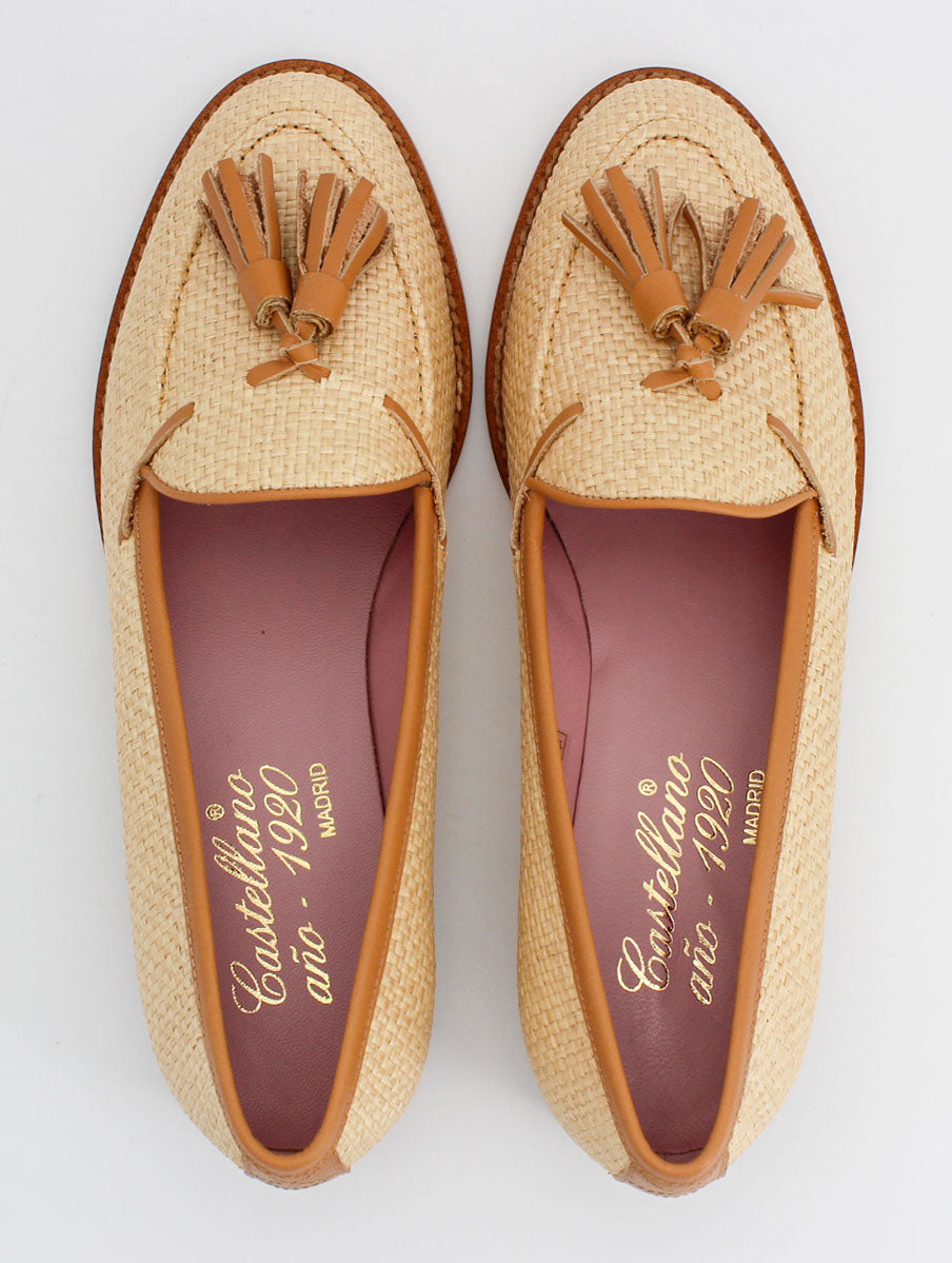 Ibiza raffia and tan leather loafers