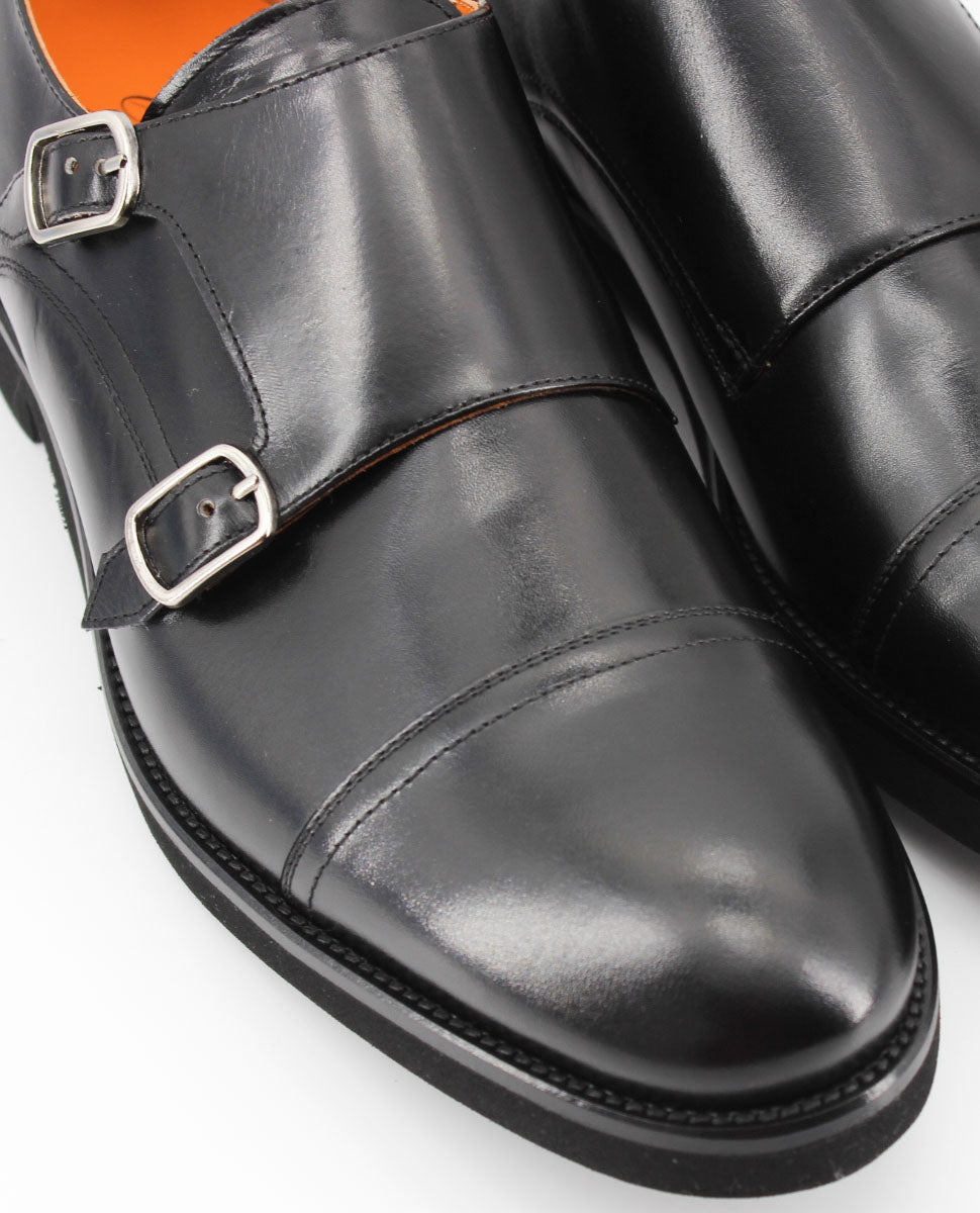 Zapatos doble hebilla Munich de piel color negro