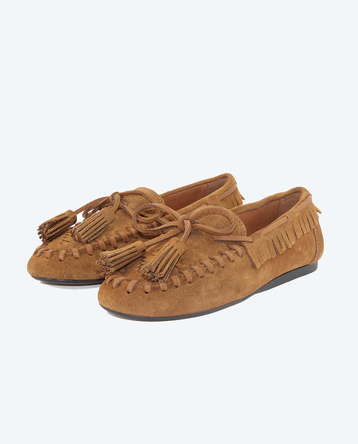 Mocasines Castellano® de ante para mujer con antifaz – Modelo Molan color cuero