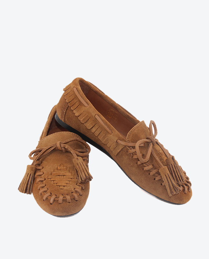 Mocasines Castellano® de ante para mujer con antifaz – Modelo Molan color cuero