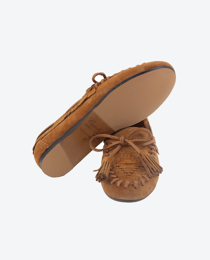 Mocasines Castellano® de ante para mujer con antifaz – Modelo Molan color cuero