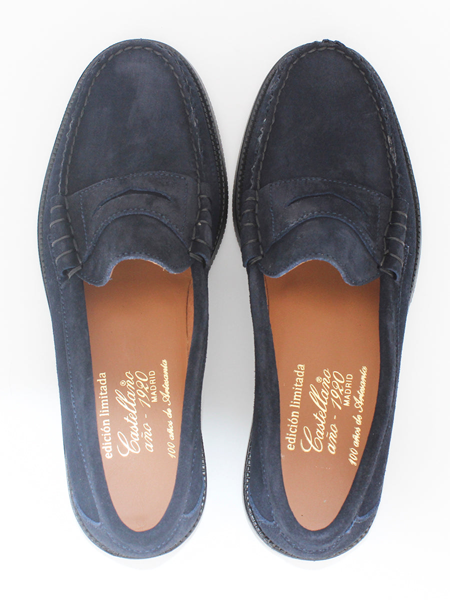 100 years navy blue suede loafers