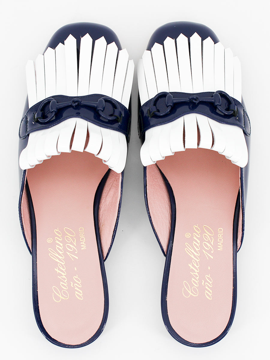Bellagio mules in navy-white patent leather