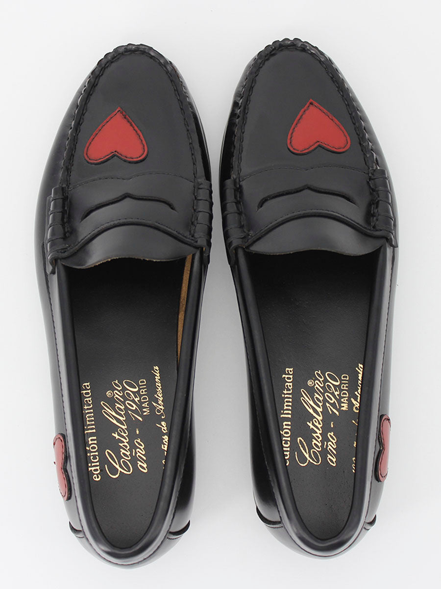 Black antik leather loafers with hearts decoration