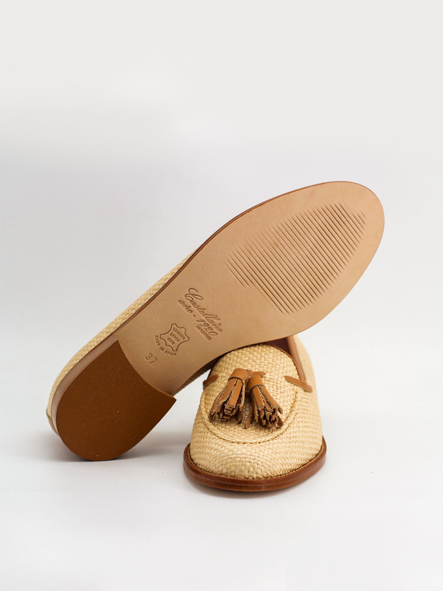 Mocasines Ibiza rafia y  piel color cuero