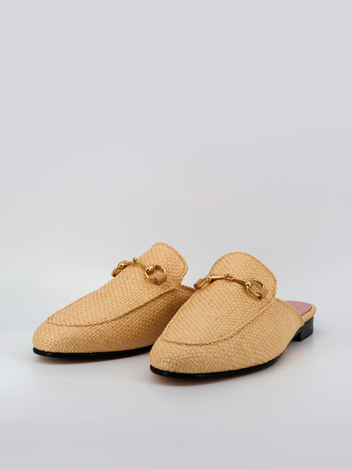 Venice raffia and coy leather mules 